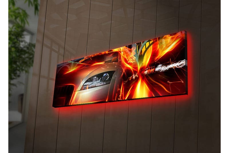 Lærredstryk med LED-belysning 30x90 cm - Sportsvogn i bevægelse med dynamiske lyseffekter, Rød / Orange / Sort