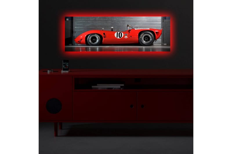 Lærredstryk med LED-belysning 30x90 cm - Sportsvogn i rød med nummer 10 på siden - Rød / Sort - Boligtilbehør - Billeder & kunst - Billeder på lærred