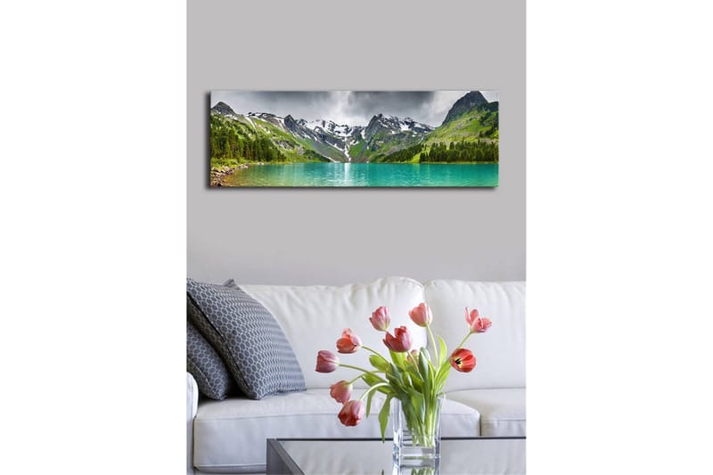 Lærredstryk med LED-belysning 30x90 cm - Storslået bjerglandskab med en glitrende sø - Turkis / Grøn / Grå - Boligtilbehør - Billeder & kunst - Billeder på lærred