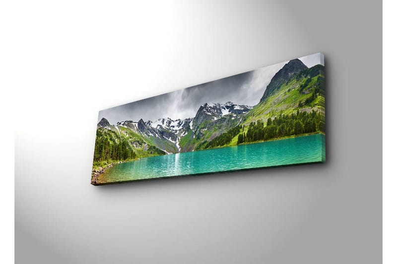 Lærredstryk med LED-belysning 30x90 cm - Storslået bjerglandskab med en glitrende sø - Turkis / Grøn / Grå - Boligtilbehør - Billeder & kunst - Billeder på lærred