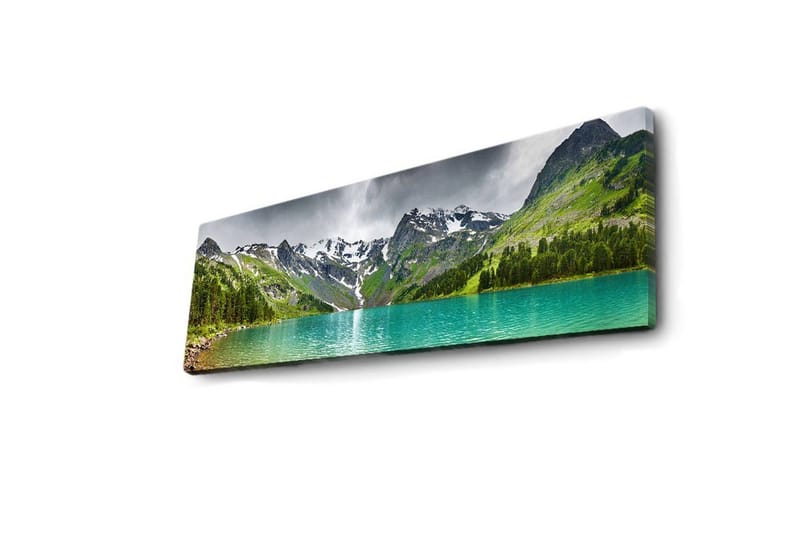 Lærredstryk med LED-belysning 30x90 cm - Storslået bjerglandskab med en glitrende sø - Turkis / Grøn / Grå - Boligtilbehør - Billeder & kunst - Billeder på lærred