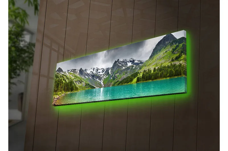 Lærredstryk med LED-belysning 30x90 cm - Storslået bjerglandskab med en glitrende sø, Turkis / Grøn / Grå