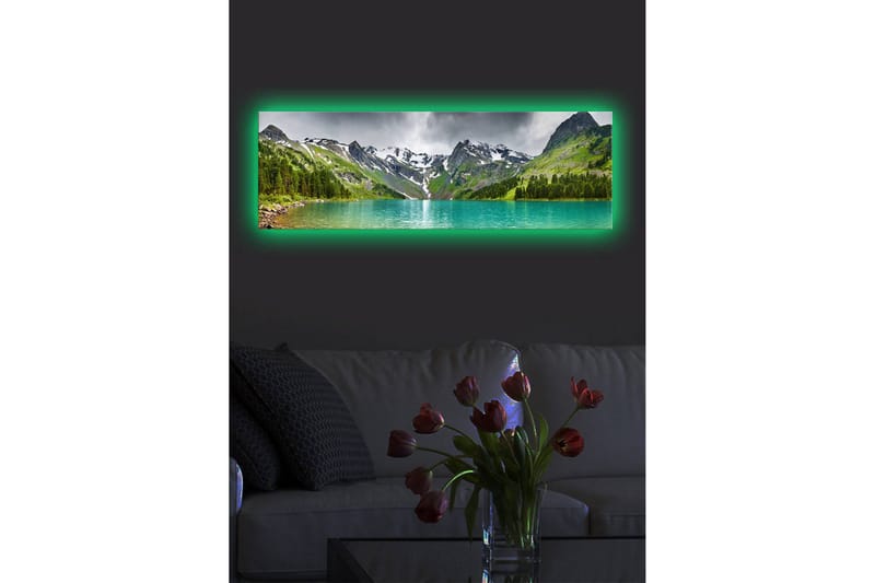 Lærredstryk med LED-belysning 30x90 cm - Storslået bjerglandskab med en glitrende sø - Turkis / Grøn / Grå - Boligtilbehør - Billeder & kunst - Billeder på lærred
