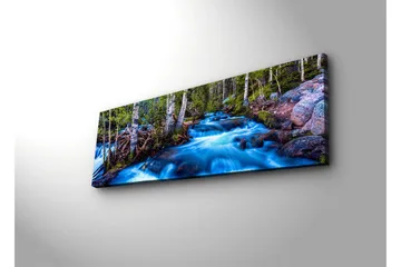 Lærredstryk med LED-belysning 30x90 cm - Strømmende vand i et naturskønt miljø med omkringliggende træer - Blå / Grøn / Brun - Boligtilbehør - Billeder & kunst - Billeder på lærred