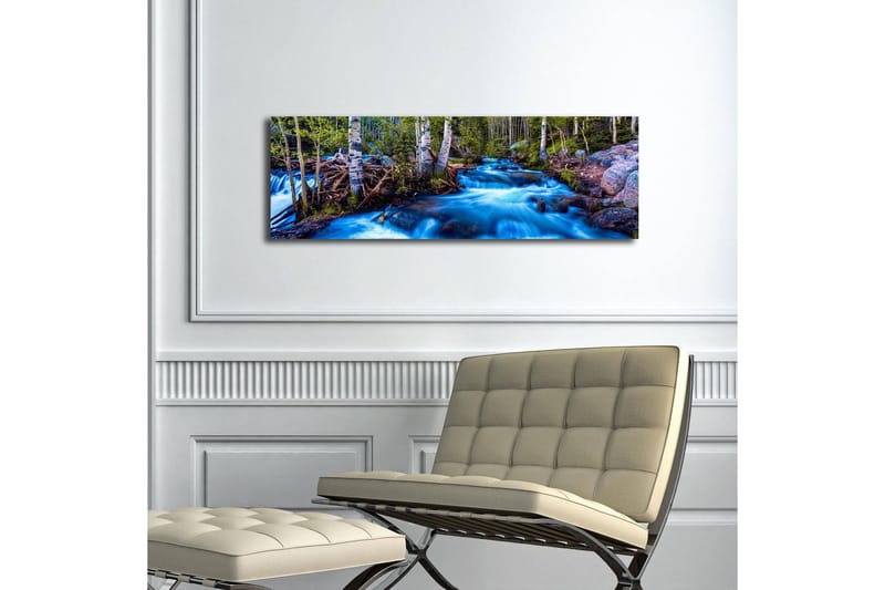 Lærredstryk med LED-belysning 30x90 cm - Strømmende vand i et naturskønt miljø med omkringliggende træer - Blå / Grøn / Brun - Boligtilbehør - Billeder & kunst - Billeder på lærred