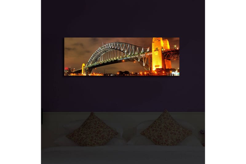 Lærredstryk med LED-belysning 30x90 cm - Sydney Harbour Bridge i aftenlys - Guld / Grøn / Sort - Boligtilbehør - Billeder & kunst - Billeder på lærred