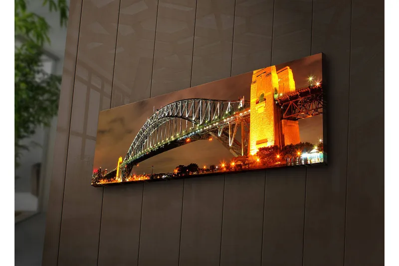 Lærredstryk med LED-belysning 30x90 cm - Sydney Harbour Bridge i aftenlys - Guld / Grøn / Sort - Boligtilbehør - Billeder & kunst - Billeder på lærred