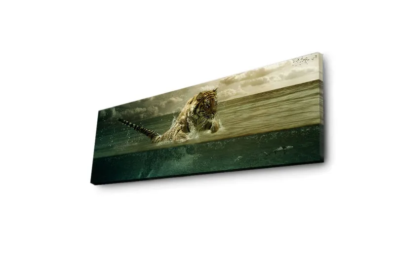 Lærredstryk med LED-belysning 30x90 cm - Tiger hopper op af vandet - Grøn / Beige / Brun - Boligtilbehør - Billeder & kunst - Billeder på lærred