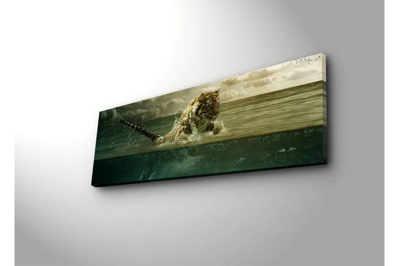 Lærredstryk med LED-belysning 30x90 cm - Tiger hopper op af vandet - Grøn / Beige / Brun - Boligtilbehør - Billeder & kunst - Billeder på lærred
