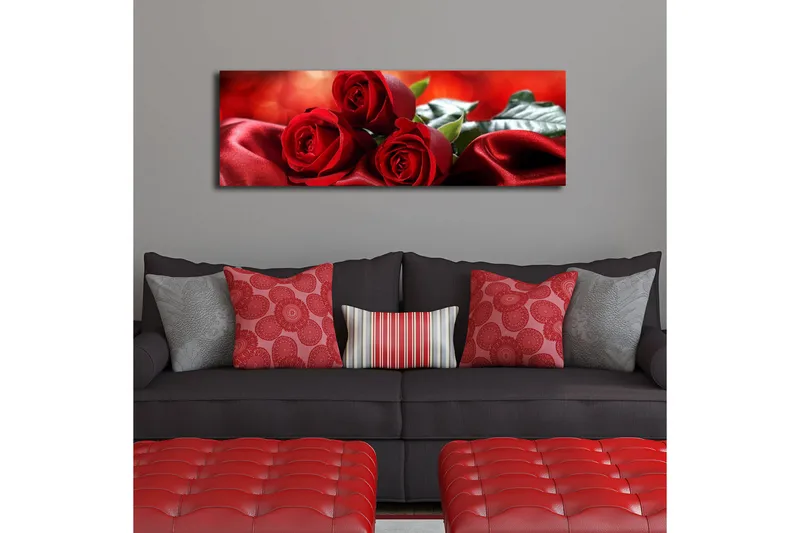Lærredstryk med LED-belysning 30x90 cm - Tre røde roser på en blød, rød satinbaggrund - Rød / Grøn - Boligtilbehør - Billeder & kunst - Billeder på lærred