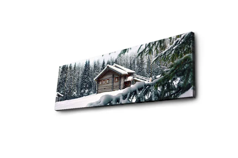 Lærredstryk med LED-belysning 30x90 cm - Vinterlandskab med et sommerhus omgivet af sne og grantræer - Hvid / Grøn / Brun - Boligtilbehør - Billeder & kunst - Billeder på lærred