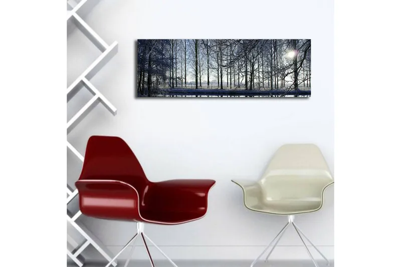 Lærredstryk med LED-belysning 30x90 cm - Vinterlandskab med snedækkede træer og en svag solstråle - Blå / Hvid / Grå - Boligtilbehør - Billeder & kunst - Billeder på lærred