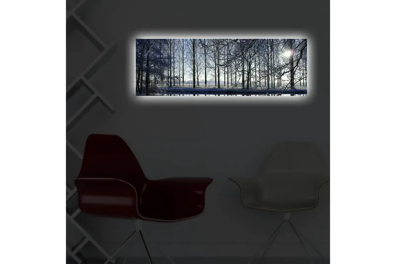 Lærredstryk med LED-belysning 30x90 cm - Vinterlandskab med snedækkede træer og en svag solstråle - Blå / Hvid / Grå - Boligtilbehør - Billeder & kunst - Billeder på lærred