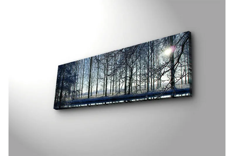 Lærredstryk med LED-belysning 30x90 cm - Vinterlandskab med snedækkede træer og en svag solstråle - Blå / Hvid / Grå - Boligtilbehør - Billeder & kunst - Billeder på lærred