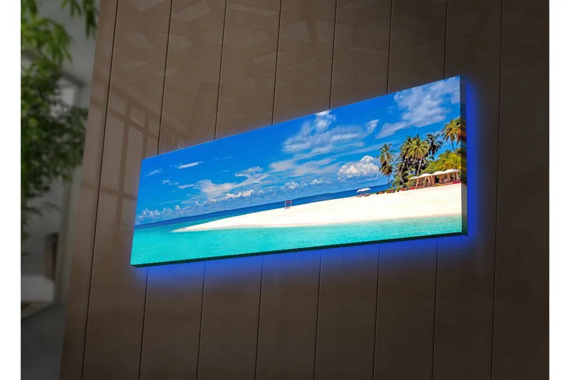 Lærredstryk med LED-belysning 30x90 cm - Paradisstrand med turkis vand og palmer, Turkis / Blå / Grøn