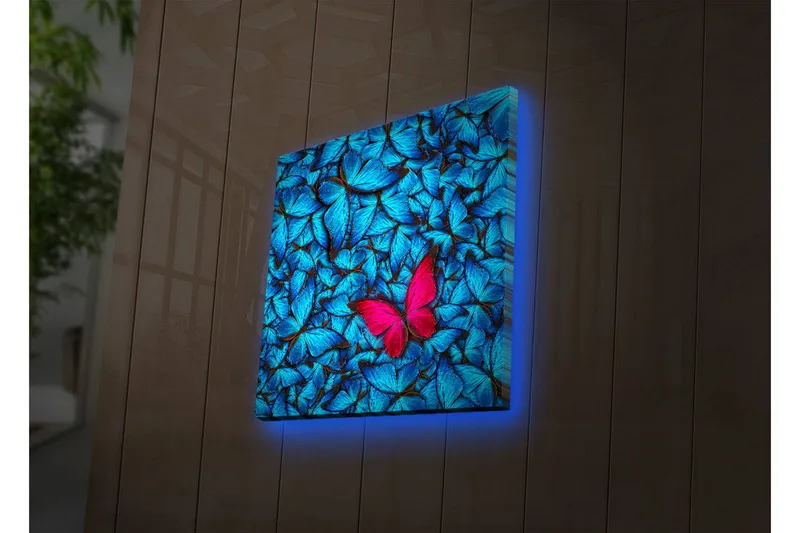 Lærredstryk med LED-belysning 40x40 cm - Blå oplyste sommerfugle i baggrunden med en lyserød sommerfugl - Blå / Lyserød / Sort - Boligtilbehør - Billeder & kunst - Billeder på lærred