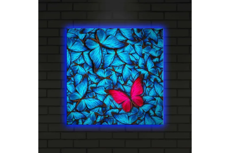 Lærredstryk med LED-belysning 40x40 cm - Blå oplyste sommerfugle i baggrunden med en lyserød sommerfugl - Blå / Lyserød / Sort - Boligtilbehør - Billeder & kunst - Billeder på lærred
