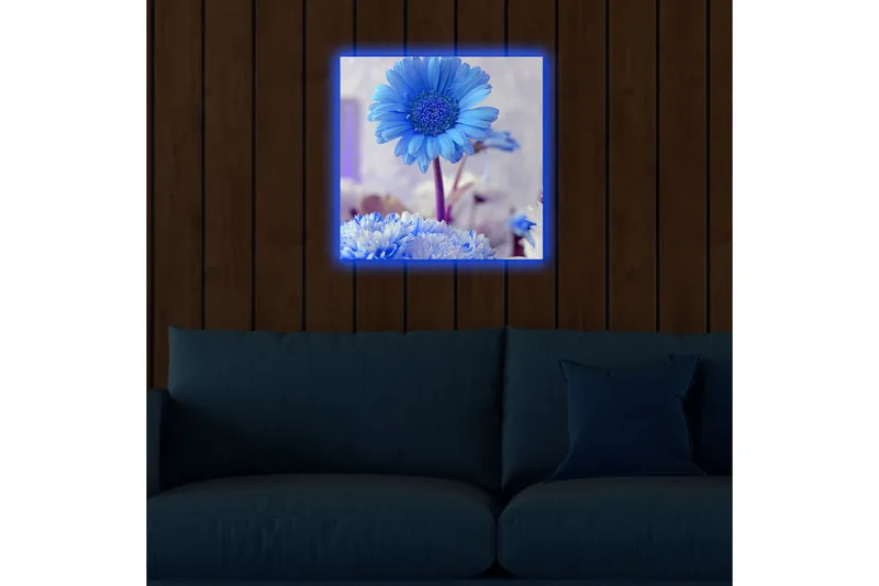 Lærredstryk med LED-belysning 40x40 cm - Blomster i forskellige blå nuancer - Blå / Hvid - Boligtilbehør - Billeder & kunst - Billeder på lærred