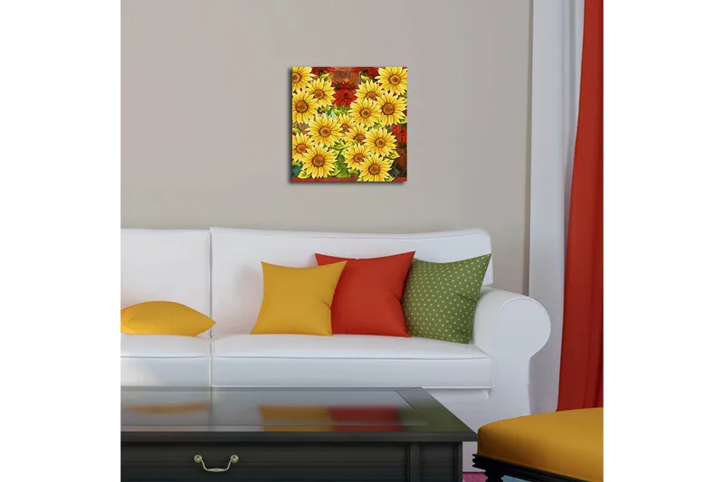 Lærredstryk med LED-belysning 40x40 cm - Farverig buket af solsikker og røde blomster - Gul / Rød / Grøn - Boligtilbehør - Billeder & kunst - Billeder på lærred