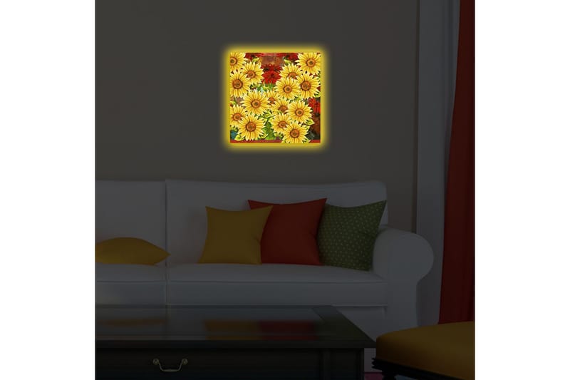 Lærredstryk med LED-belysning 40x40 cm - Farverig buket af solsikker og røde blomster - Gul / Rød / Grøn - Boligtilbehør - Billeder & kunst - Billeder på lærred