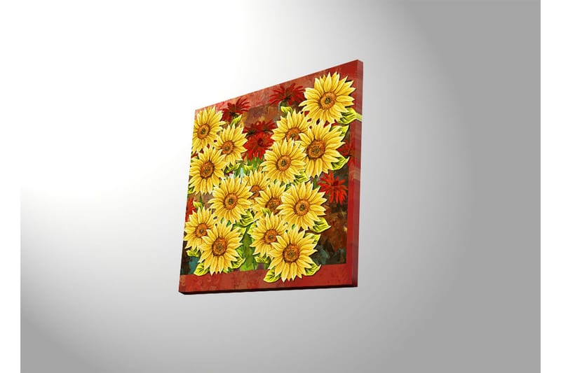 Lærredstryk med LED-belysning 40x40 cm - Farverig buket af solsikker og røde blomster - Gul / Rød / Grøn - Boligtilbehør - Billeder & kunst - Billeder på lærred