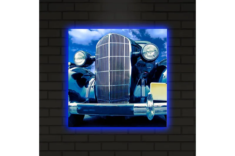Lærredstryk med LED-belysning 40x40 cm - Klassisk bil set forfra med en klar blå himmel i baggrunden - Sort / Blå / Sølv - Boligtilbehør - Billeder & kunst - Billeder på lærred