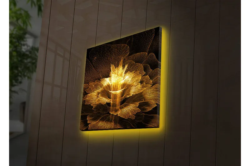 Lærredstryk med LED-belysning 40x40 cm - Lysende blomst i abstrakt stil, Guld / Sort / Brun
