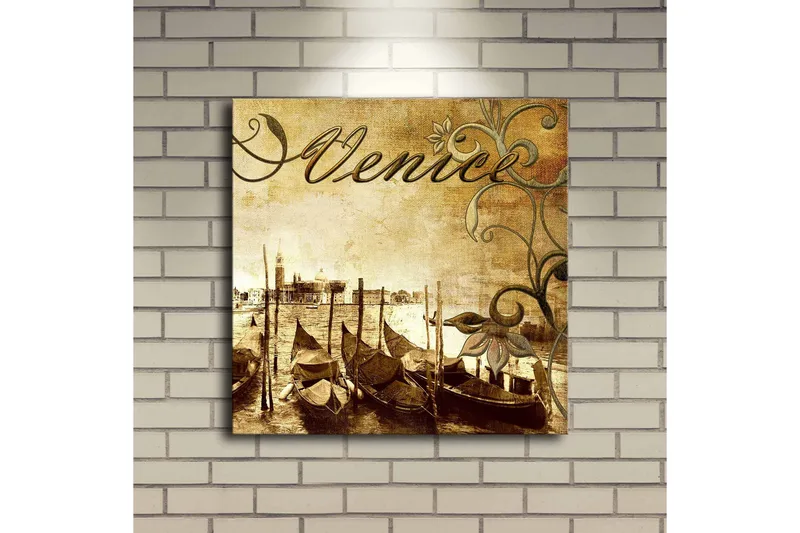 Lærredstryk med LED-belysning 40x40 cm - Nostalgisk udsigt over venetianske gondoler på en kanal - Brun / Beige / Grøn - Boligtilbehør - Billeder & kunst - Billeder på lærred