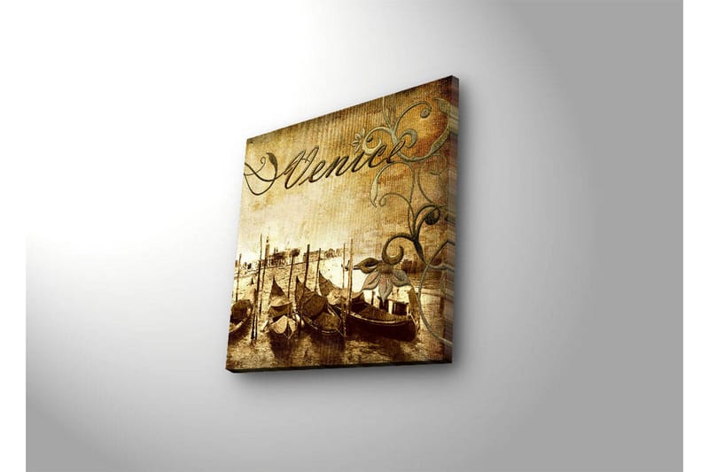 Lærredstryk med LED-belysning 40x40 cm - Nostalgisk udsigt over venetianske gondoler på en kanal - Brun / Beige / Grøn - Boligtilbehør - Billeder & kunst - Billeder på lærred