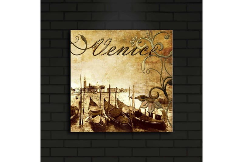 Lærredstryk med LED-belysning 40x40 cm - Nostalgisk udsigt over venetianske gondoler på en kanal - Brun / Beige / Grøn - Boligtilbehør - Billeder & kunst - Billeder på lærred