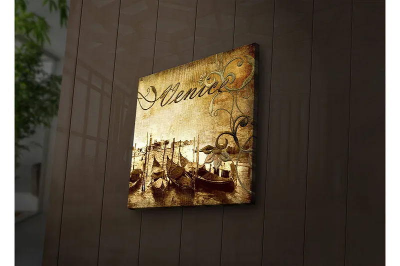 Lærredstryk med LED-belysning 40x40 cm - Nostalgisk udsigt over venetianske gondoler på en kanal - Brun / Beige / Grøn - Boligtilbehør - Billeder & kunst - Billeder på lærred