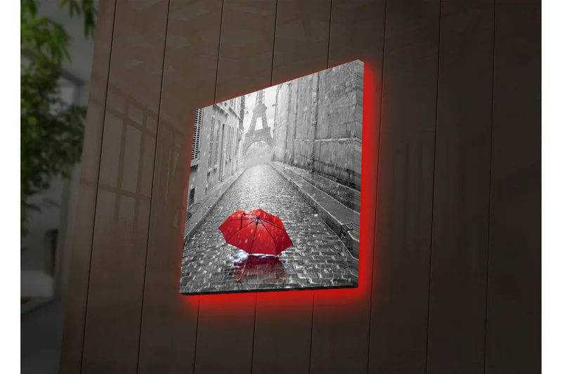Lærredstryk med LED-belysning 40x40 cm - Rød paraply på en regnfuld gade i Paris - Rød / Sort / Grå - Boligtilbehør - Billeder & kunst - Billeder på lærred