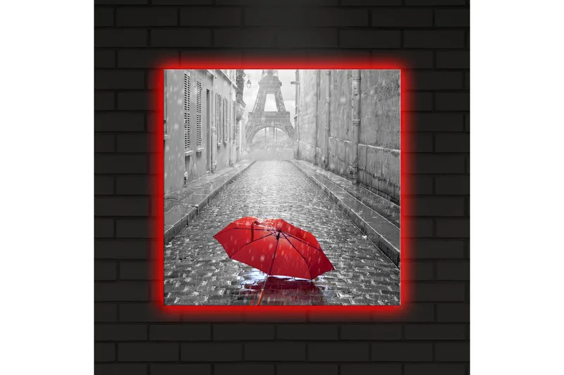 Lærredstryk med LED-belysning 40x40 cm - Rød paraply på en regnfuld gade i Paris - Rød / Sort / Grå - Boligtilbehør - Billeder & kunst - Billeder på lærred