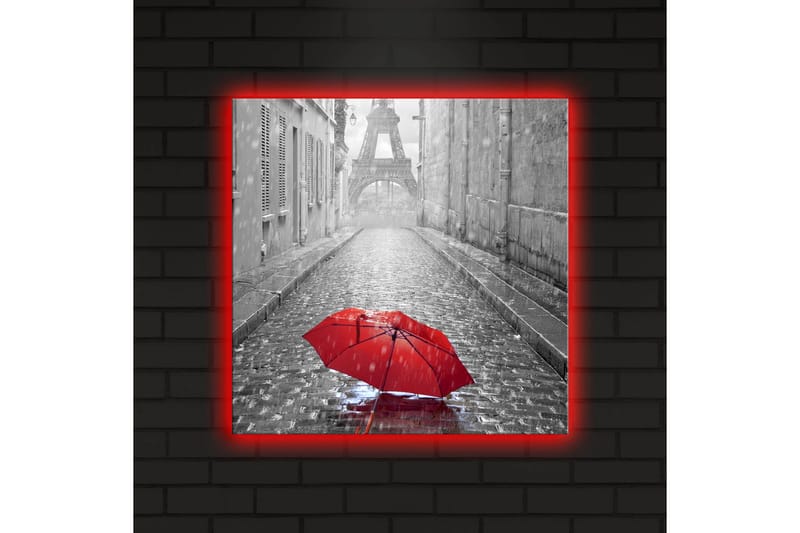 Lærredstryk med LED-belysning 40x40 cm - Rød paraply på en regnfuld gade i Paris - Rød / Sort / Grå - Boligtilbehør - Billeder & kunst - Billeder på lærred