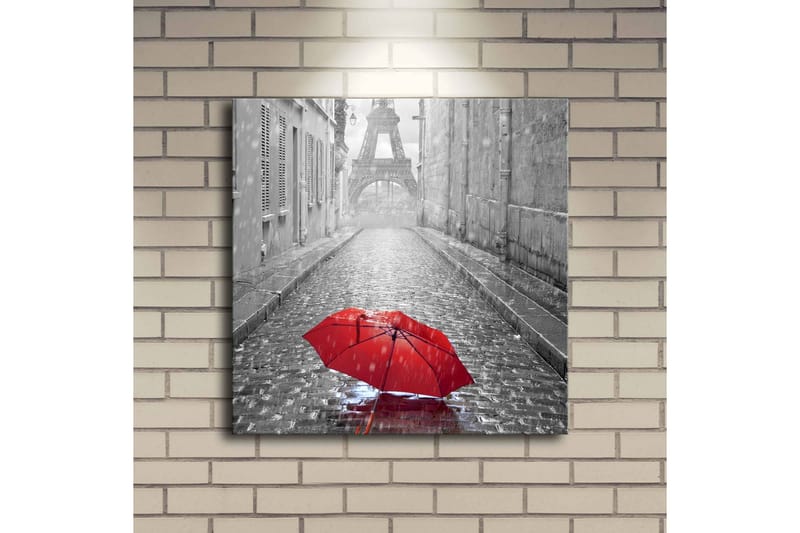 Lærredstryk med LED-belysning 40x40 cm - Rød paraply på en regnfuld gade i Paris - Rød / Sort / Grå - Boligtilbehør - Billeder & kunst - Billeder på lærred