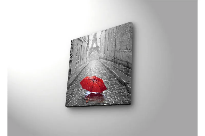 Lærredstryk med LED-belysning 40x40 cm - Rød paraply på en regnfuld gade i Paris - Rød / Sort / Grå - Boligtilbehør - Billeder & kunst - Billeder på lærred