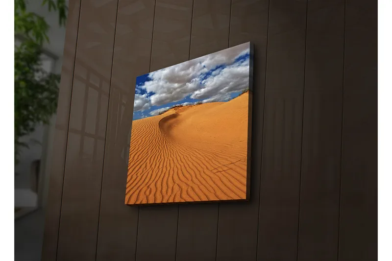 Lærredstryk med LED-belysning 40x40 cm - Sandklitter under en blå himmel med skyer - Orange / Blå / Hvid - Boligtilbehør - Billeder & kunst - Billeder på lærred
