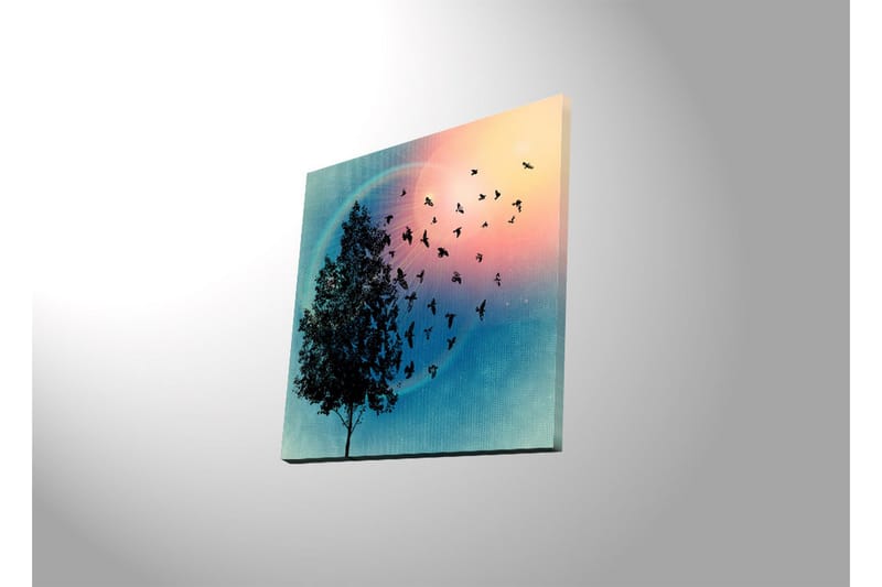 Lærredstryk med LED-belysning 40x40 cm - Silhuet af et træ med svævende fugle mod en farverig baggrund - Blå / Lyserød / Grøn - Boligtilbehør - Billeder & kunst - Billeder på lærred