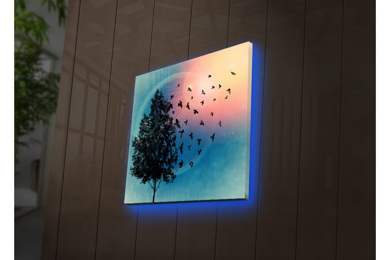 Lærredstryk med LED-belysning 40x40 cm - Silhuet af et træ med svævende fugle mod en farverig baggrund - Blå / Lyserød / Grøn - Boligtilbehør - Billeder & kunst - Billeder på lærred