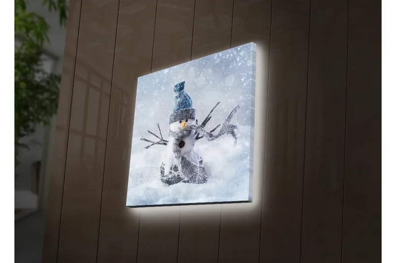 Lærredstryk med LED-belysning 40x40 cm - Snemand i vinterlandskab med snefald, Hvid / Blå / Grå