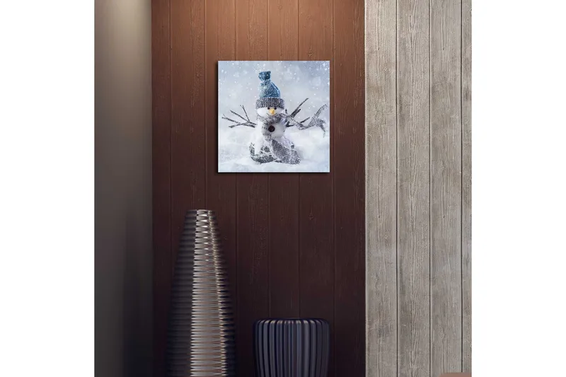 Lærredstryk med LED-belysning 40x40 cm - Snemand i vinterlandskab med snefald - Hvid / Blå / Grå - Boligtilbehør - Billeder & kunst - Billeder på lærred