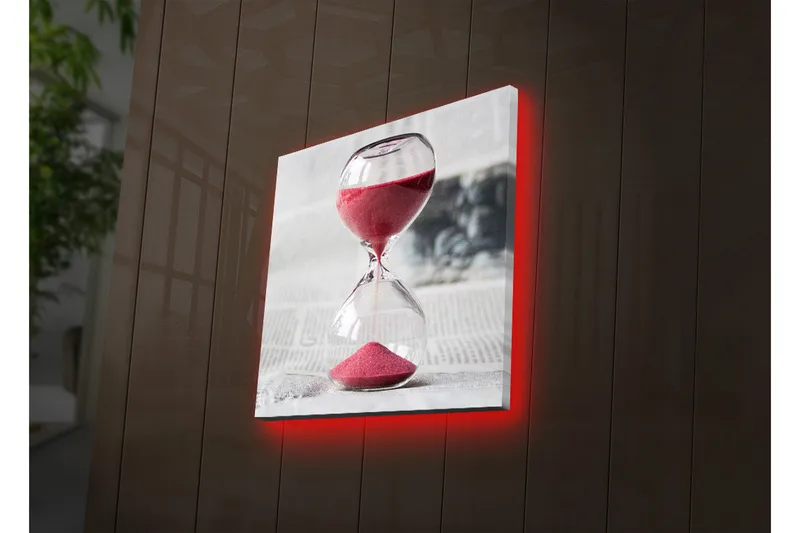 Lærredstryk med LED-belysning 40x40 cm - Timeglas med rødt sand, der symboliserer tidens gang - Rød / Gennemsigtig / Grå - Boligtilbehør - Billeder & kunst - Billeder på lærred
