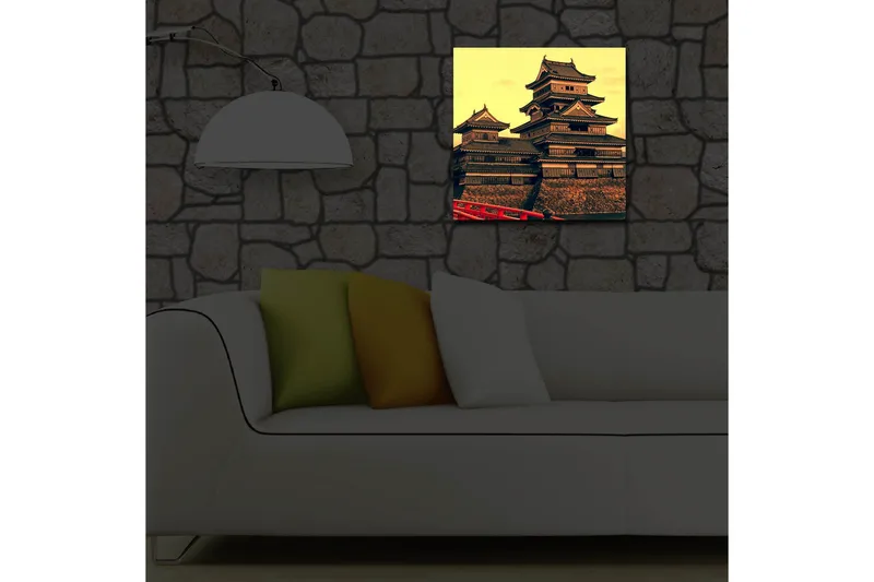 Lærredstryk med LED-belysning 40x40 cm - Traditionelt japansk slot med flere tagniveauer - Guld / Sort / Rød - Boligtilbehør - Billeder & kunst - Billeder på lærred