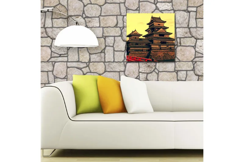Lærredstryk med LED-belysning 40x40 cm - Traditionelt japansk slot med flere tagniveauer - Guld / Sort / Rød - Boligtilbehør - Billeder & kunst - Billeder på lærred