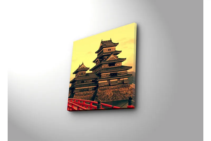 Lærredstryk med LED-belysning 40x40 cm - Traditionelt japansk slot med flere tagniveauer - Guld / Sort / Rød - Boligtilbehør - Billeder & kunst - Billeder på lærred