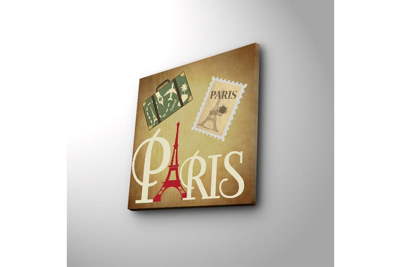 Lærredstryk med LED-belysning 40x40 cm - Paris-inspireret kunstværk med Eiffeltårnet og rejsesymboler - Rød / Grøn / Beige - Boligtilbehør - Billeder & kunst - Billeder på lærred
