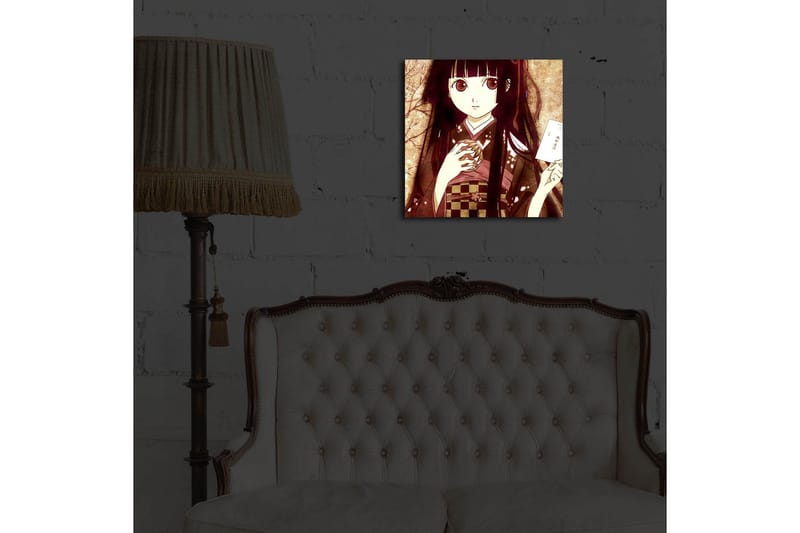 Lærredstryk med LED-belysning 40x40 cm - Portræt af en ung kvinde i traditionelt tøj med en kop og et bogstav i hånden - Mørkerød / Beige / Sort - Boligtilbehør - Billeder & kunst - Billeder på lærred