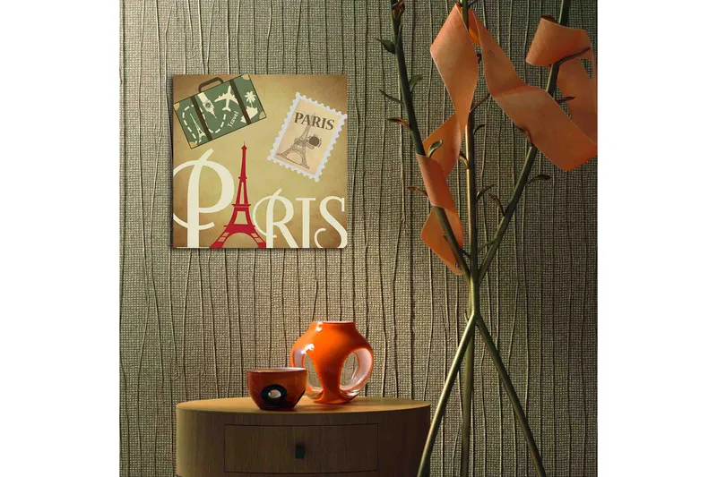 Lærredstryk med LED-belysning 40x40 cm - Paris-inspireret kunstværk med Eiffeltårnet og rejsesymboler - Rød / Grøn / Beige - Boligtilbehør - Billeder & kunst - Billeder på lærred