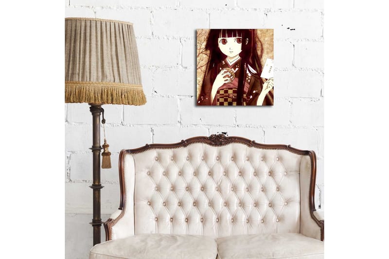 Lærredstryk med LED-belysning 40x40 cm - Portræt af en ung kvinde i traditionelt tøj med en kop og et bogstav i hånden - Mørkerød / Beige / Sort - Boligtilbehør - Billeder & kunst - Billeder på lærred