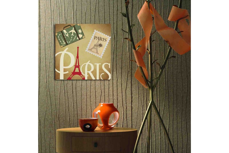 Lærredstryk med LED-belysning 40x40 cm - Paris-inspireret kunstværk med Eiffeltårnet og rejsesymboler - Rød / Grøn / Beige - Boligtilbehør - Billeder & kunst - Billeder på lærred